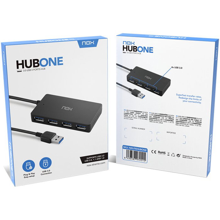 Nox Lite Hub One Hub USB 3.2 Gen 1 de 4 Puertos, Negro Nox Lite Hub One Hub USB 3.2 Gen 1 de 4 Puertos, Negro